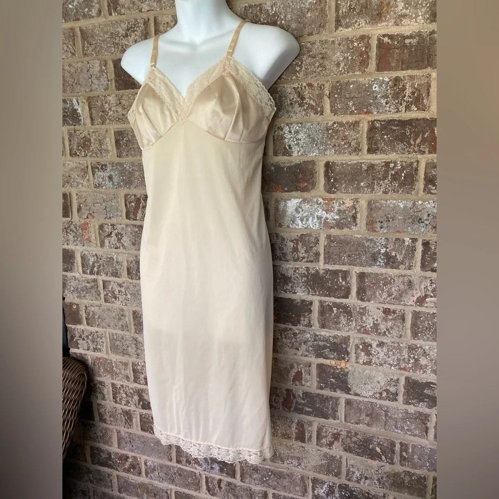 Cream slip dress vintage Nylon lace Size Small - Picture 3 of 9
